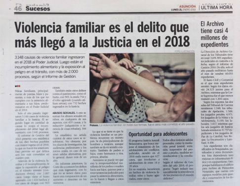 Publicación del Diario Última Hora de la fecha en donde publica diversas informaciones que fueron dadas a conocer a través del Informe de Gestión 2018 de la Corte Suprema de Justicia